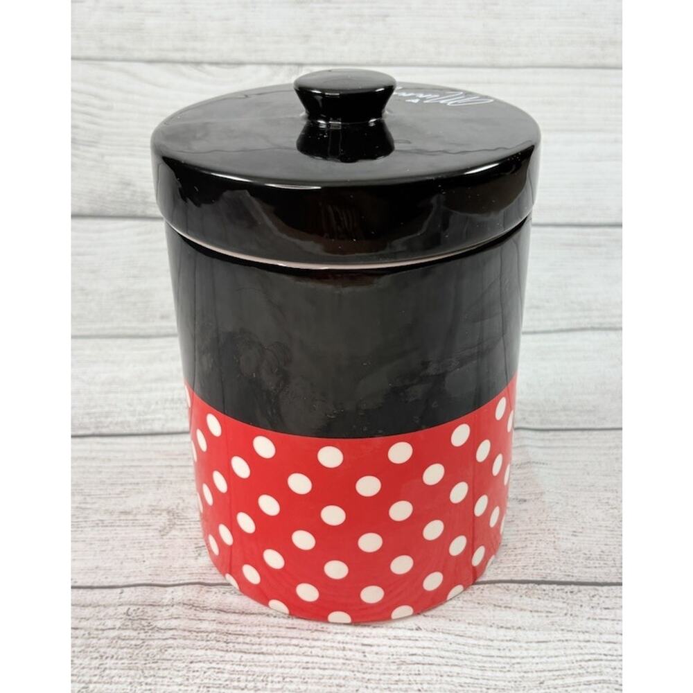 Disney Minnie Mouse Ceramic Cookie Jar Canister Red White Polka Dots Black 7” - Picture 2 of 5